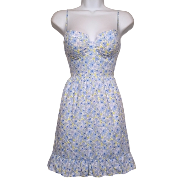 Forever 21 Dresses & Skirts - FOREVER 21 Blue Yellow Floral Print Smocked Strappy Sleeveless Mini Dress Small